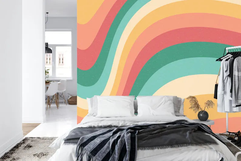 Retro Wavy Wallpaper Mural, Colorful Abstract