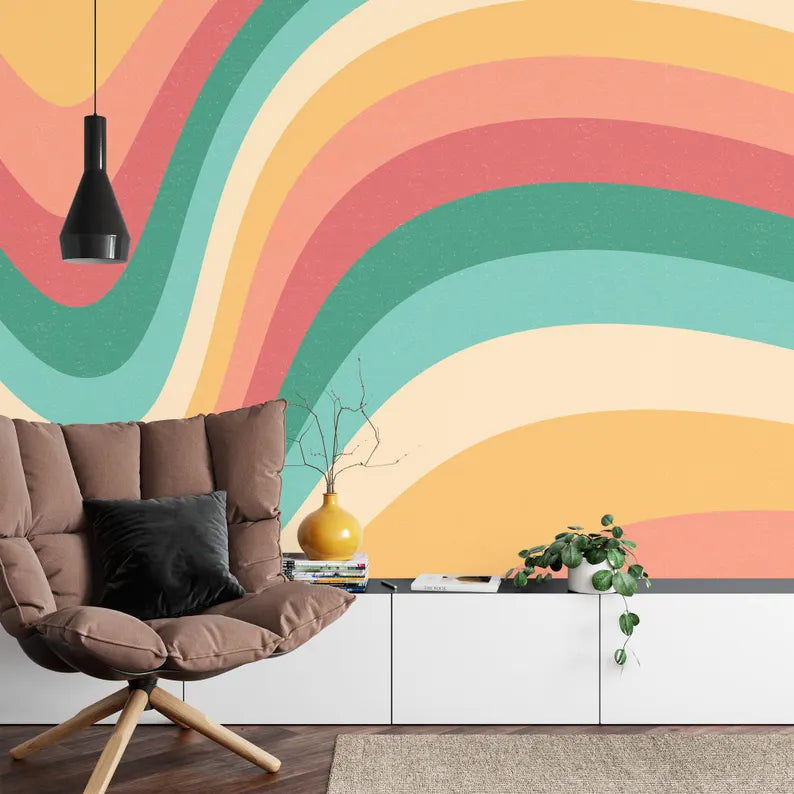 Retro Wavy Wallpaper Mural, Colorful Abstract