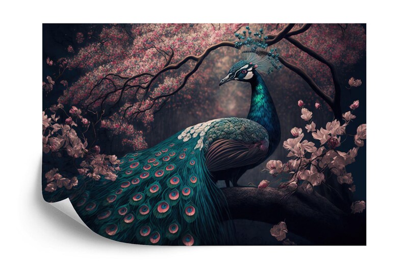 Chinoiserie Peacock Wallpaper Mural Watercolor Tree & Flower Art