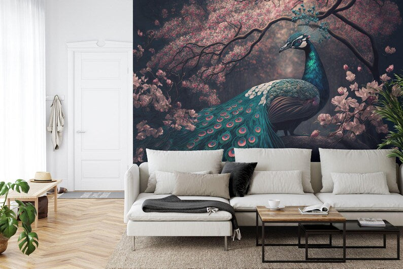 Chinoiserie Peacock Wallpaper Mural Watercolor Tree & Flower Art