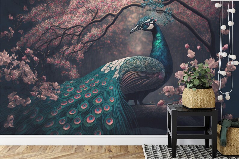 Chinoiserie Peacock Wallpaper Mural Watercolor Tree & Flower Art