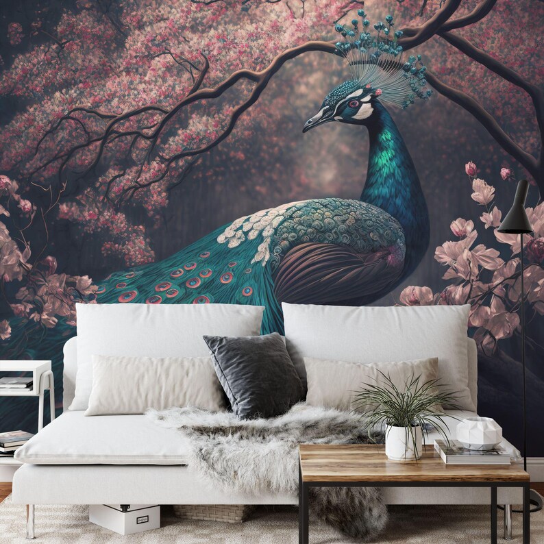 Chinoiserie Peacock Wallpaper Mural Watercolor Tree & Flower Art
