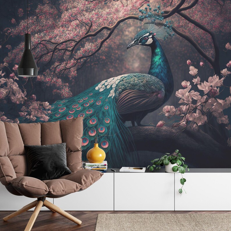 Chinoiserie Peacock Wallpaper Mural Watercolor Tree & Flower Art