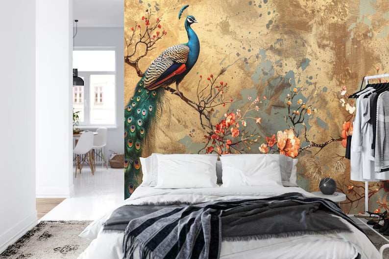 Wallpaper, Peacock Floral Garland Art Print