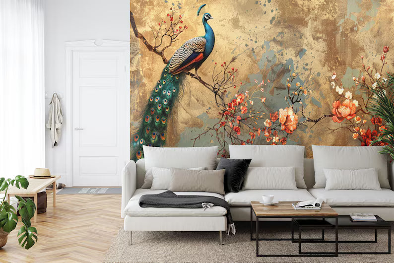Wallpaper, Peacock Floral Garland Art Print