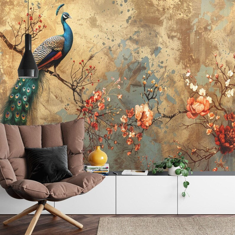 Wallpaper, Peacock Floral Garland Art Print
