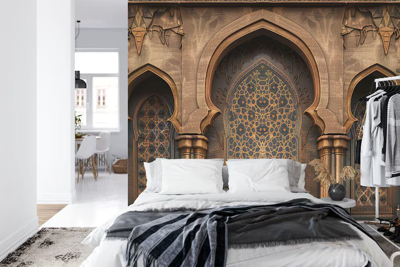 Arabian Nights themed wall mural featuring symmetrical Islamic arches and traditional decorative patterns
