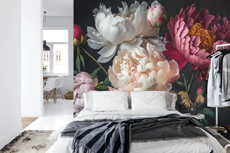 Baroque Peonies Wallpaper Mural, Rich Deep Colors, Easy-Install