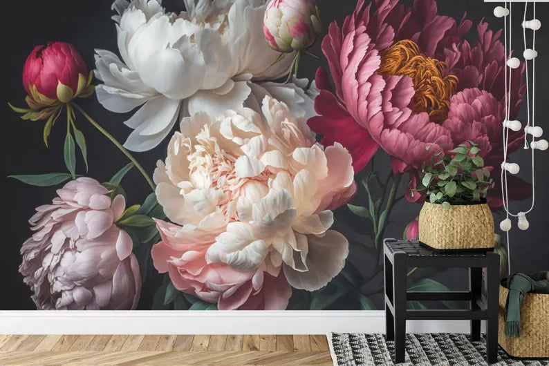 Baroque Peonies Wallpaper Mural, Rich Deep Colors, Easy-Install