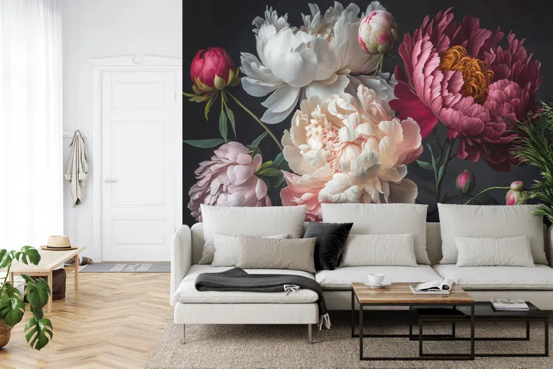 Baroque Peonies Wallpaper Mural, Rich Deep Colors, Easy-Install