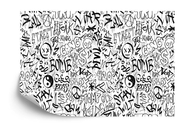 Urban Graffiti Kids Room Wallpaper Mural, Black and White