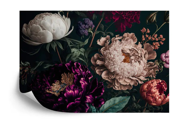 Baroque Peonies Wallpaper Mural, Rich Deep Colors