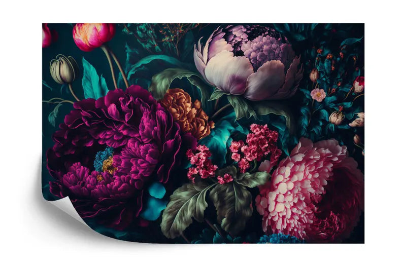 Baroque peony wallpaper mural featuring oversized romantic flowers with vintage baroque embellishments