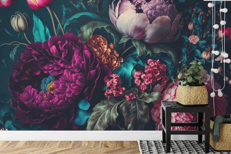 Elegant baroque peony wallpaper mural with soft pink peonies on neutral background