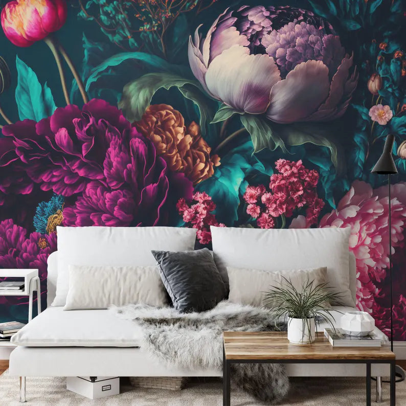 Baroque peony wallpaper mural detail showcasing intricate floral artwork and vintage styling