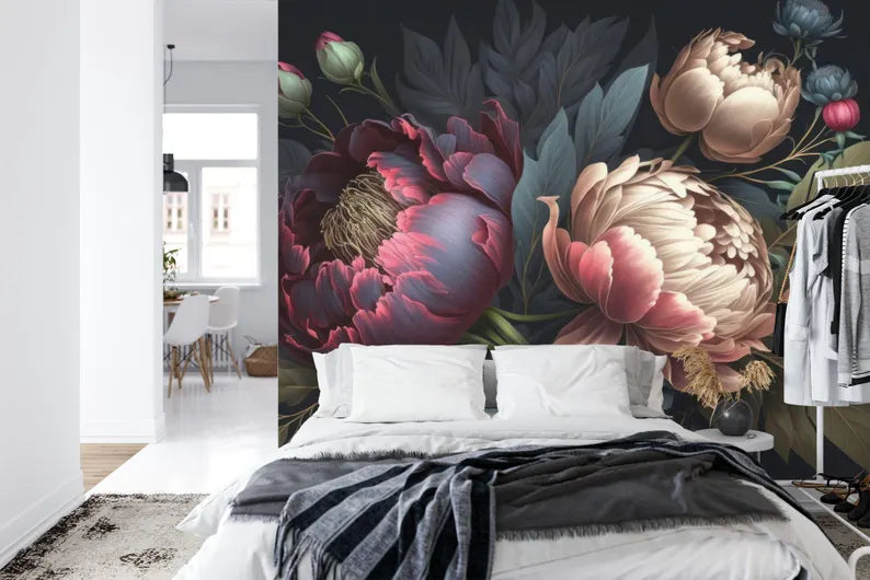 Baroque Peony Flower Wall Mural, Rich Colors