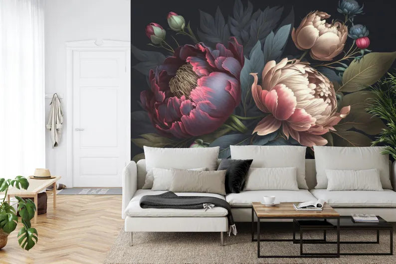 Baroque Peony Flower Wall Mural, Rich Colors