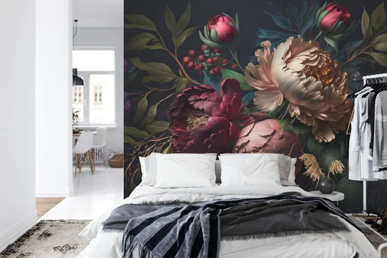Baroque Peony Wallpaper Mural, Rich Deep Colors