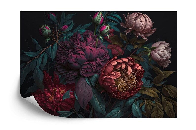 Baroque Peony Wall Mural, Rich Deep Colors