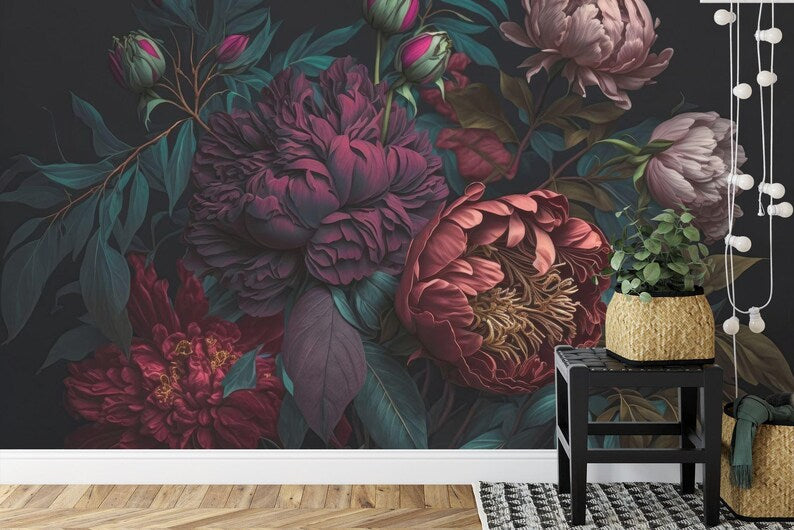 Baroque Peony Wall Mural, Rich Deep Colors