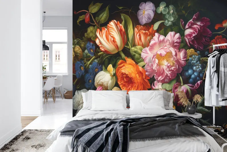 Baroque Peonies Wallpaper Mural, Rich Deep Colors, Art Print