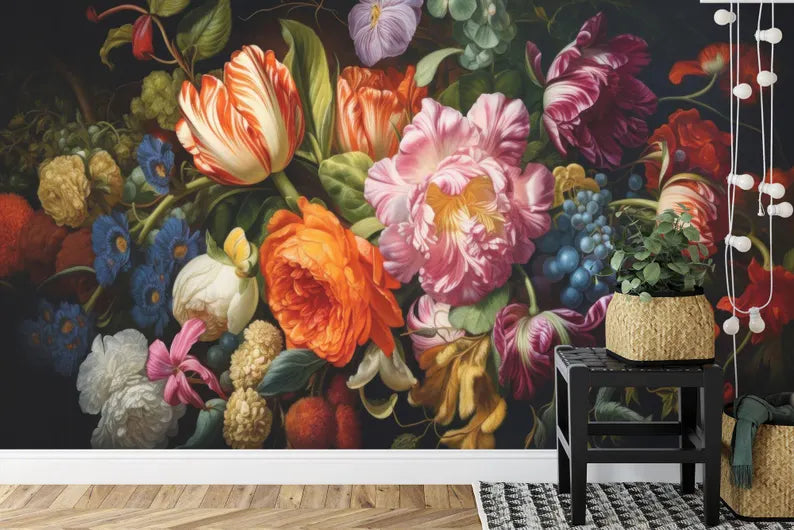 Baroque Peonies Wallpaper Mural, Rich Deep Colors, Art Print