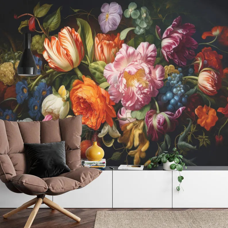 Baroque Peonies Wallpaper Mural, Rich Deep Colors, Art Print