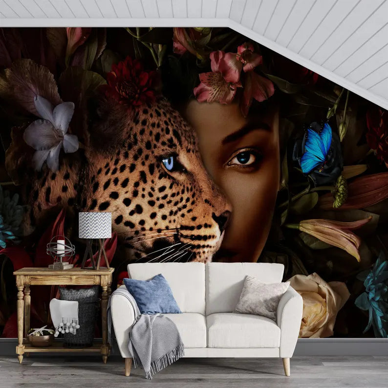 Dark Floral Leopard Wallpaper Mural