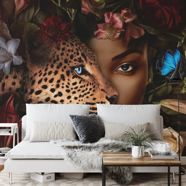 Dark Floral Leopard Wallpaper Mural
