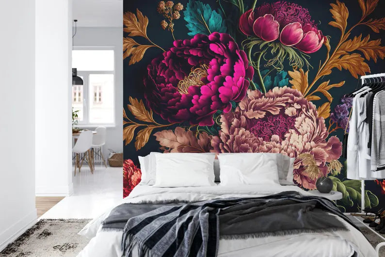 Baroque Flowers Peony Wallpaper Mural, Rich Colors