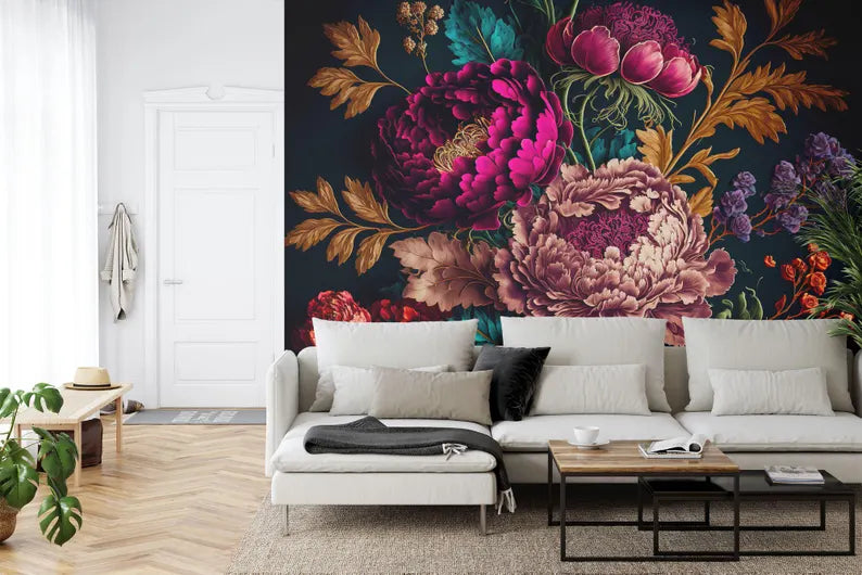 Baroque Flowers Peony Wallpaper Mural, Rich Colors