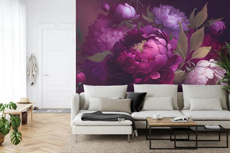 Baroque Peonies Wallpaper Mural, Rich Deep Colors