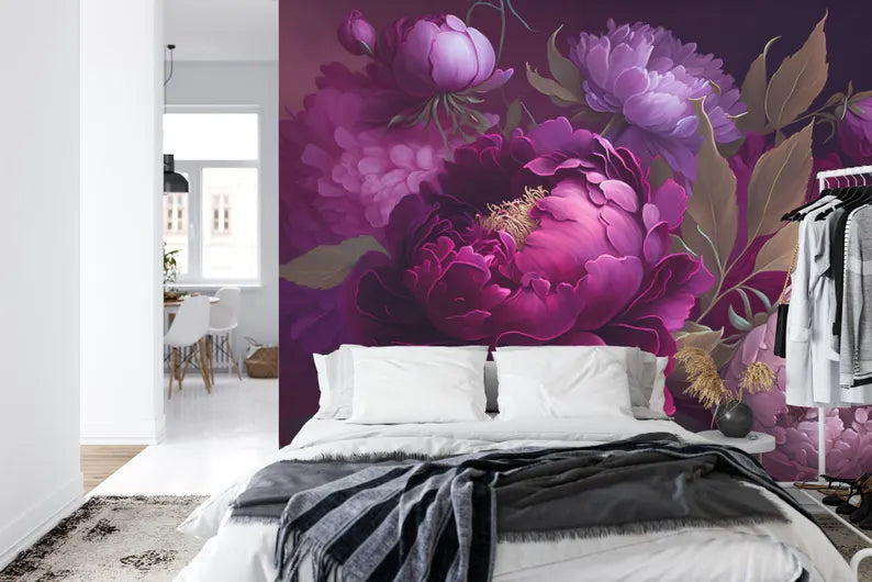 Baroque Peonies Wallpaper Mural, Rich Deep Colors