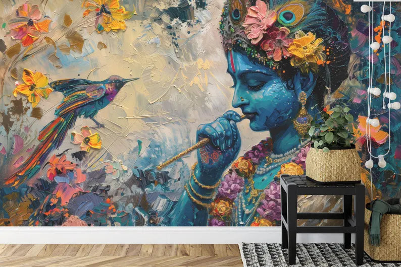 Krishna Painting Wallpaper Mural, Hindu Art Print