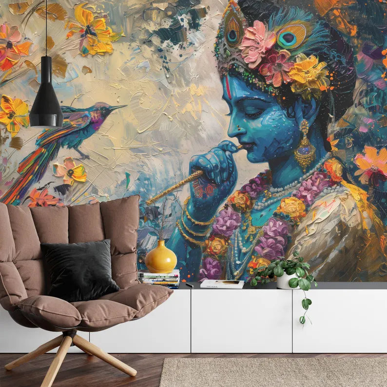 Krishna Painting Wallpaper Mural, Hindu Art Print