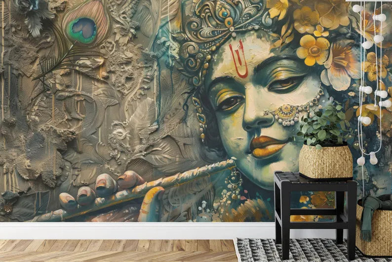 Krishna Painting Wallpaper Mural – Hinduism Art Print