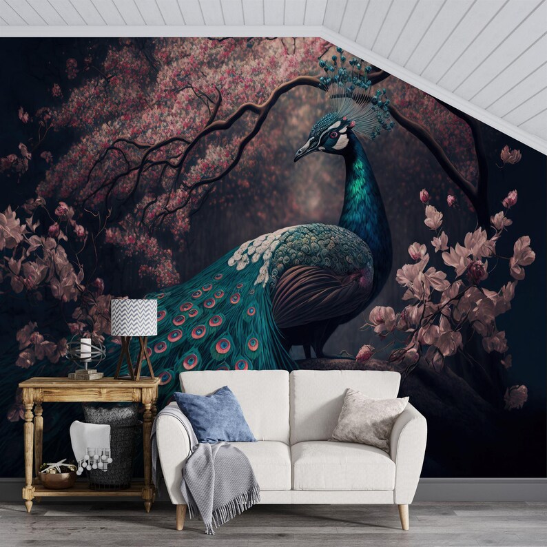 Chinoiserie Peacock Wallpaper Mural Watercolor Tree & Flower Art