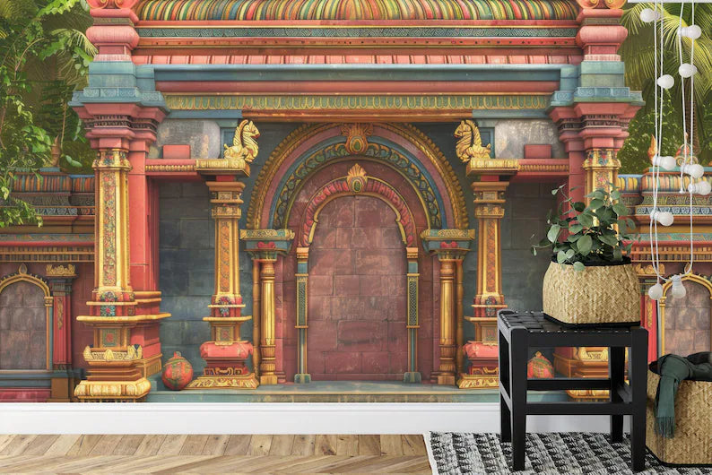 South Indian Temple Wall Mural, Arch Decor Art Print