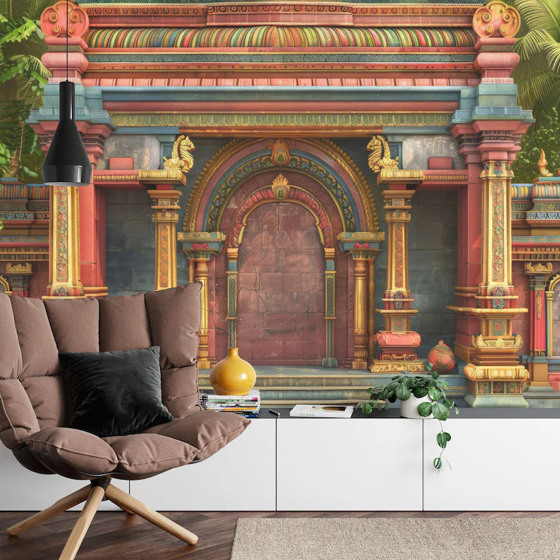 South Indian Temple Wall Mural, Arch Decor Art Print