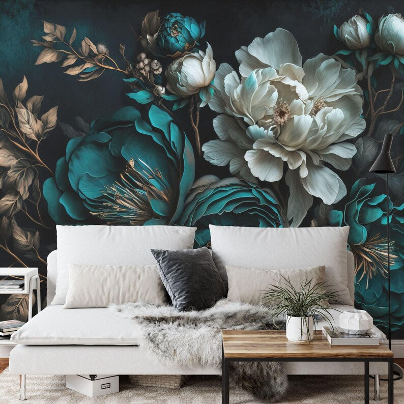 Baroque Peony Flower Wall Mural, Rich Colors