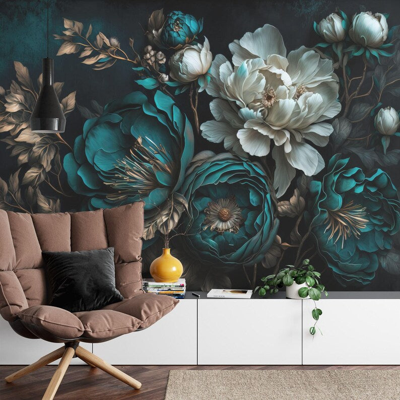 Baroque Peony Flower Wall Mural, Rich Colors