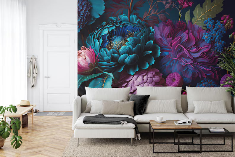 Baroque Peony Wallpaper Mural, Rich Deep Colors