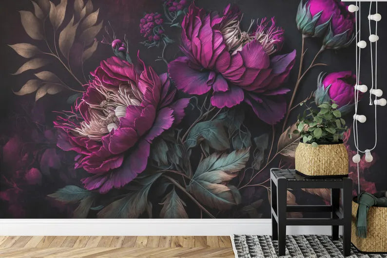 Peony Wallpaper Mural, Baroque Floral Wall Decal, Rich Deep Colors