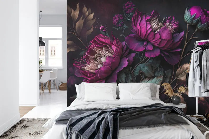 Peony Wallpaper Mural, Baroque Floral Wall Decal, Rich Deep Colors