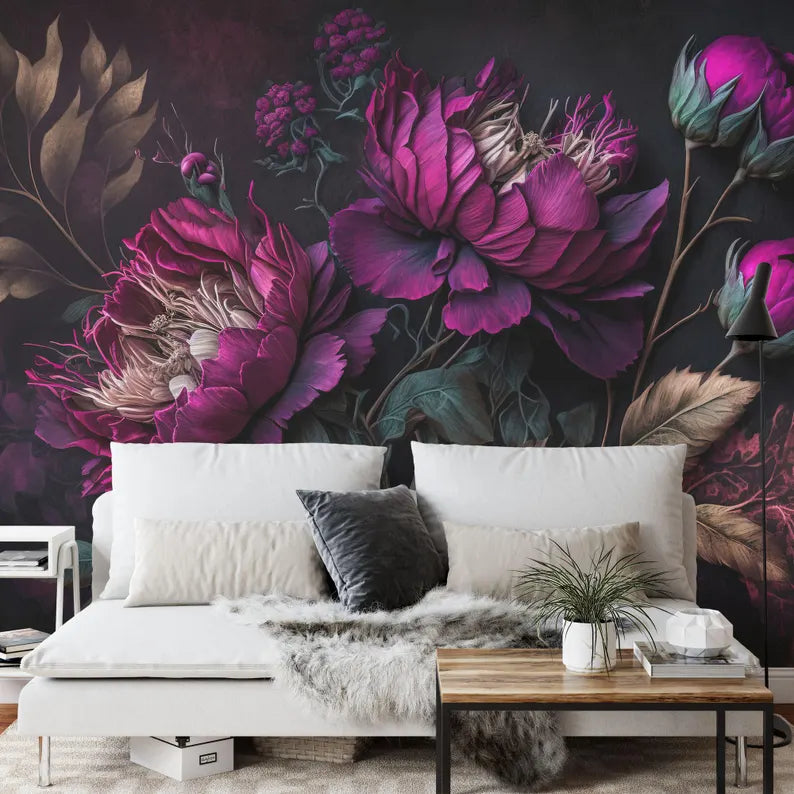 Peony Wallpaper Mural, Baroque Floral Wall Decal, Rich Deep Colors