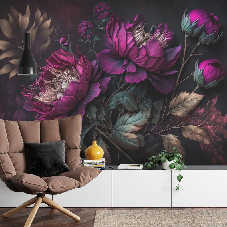 Peony Wallpaper Mural, Baroque Floral Wall Decal, Rich Deep Colors
