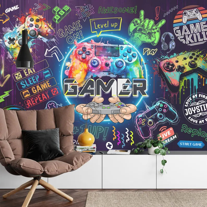 Gaming Room Wallpaper Mural, Peel and Stick Wall Decal