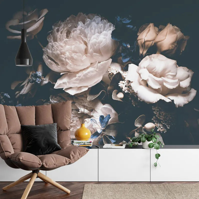 Wallpaper, Baroque Peonies Rich Deep Colors