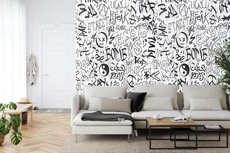 Urban Graffiti Kids Room Wallpaper Mural, Black and White
