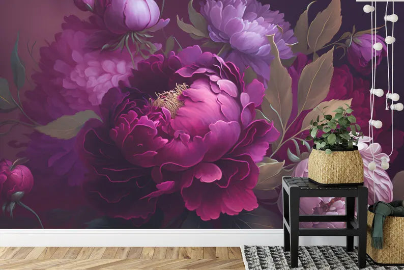 Baroque Peonies Wallpaper Mural, Rich Deep Colors